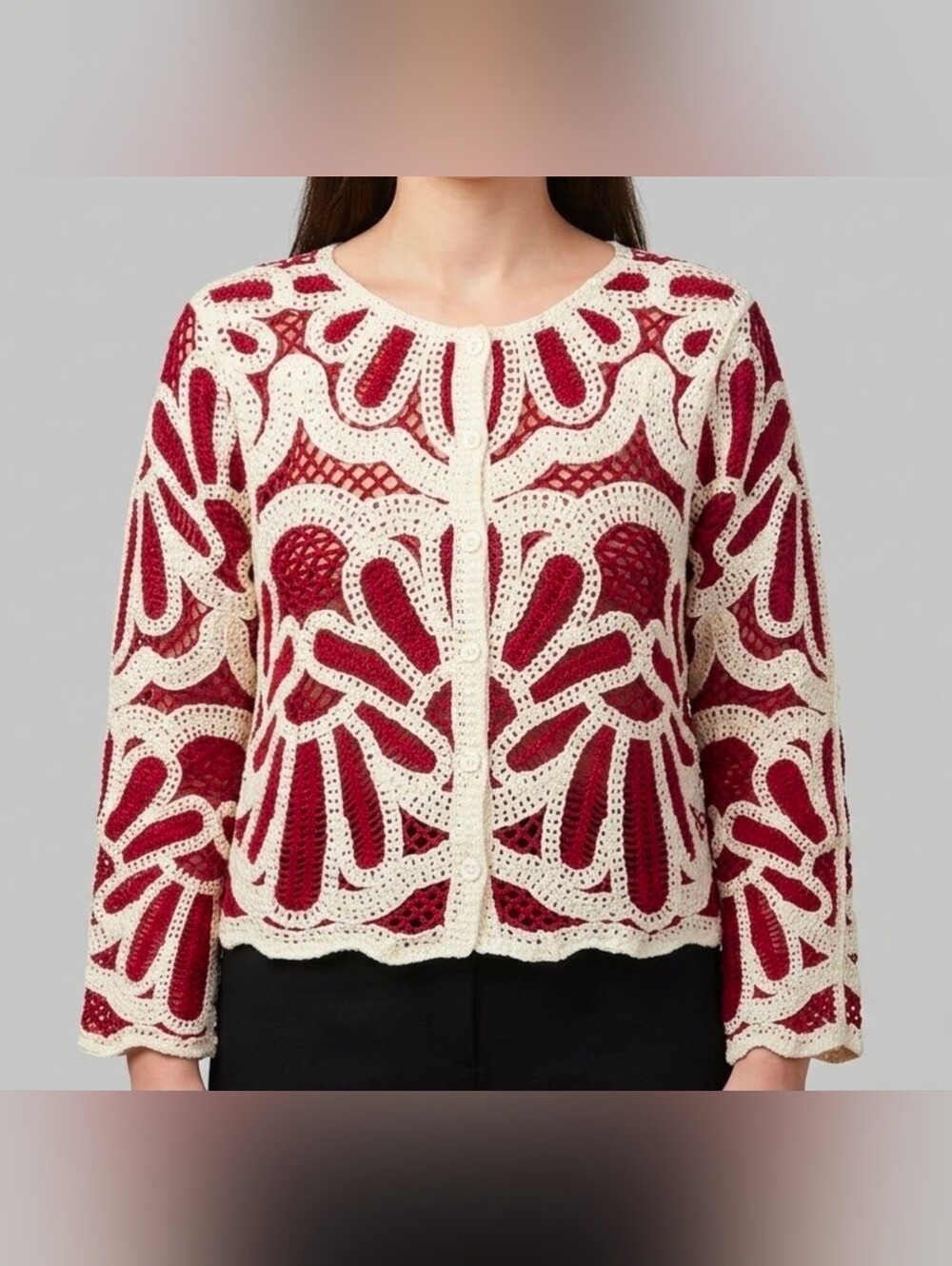 NWT Boho Crochet Lace Button-Front Cardigan Top Red Cream - Size XL